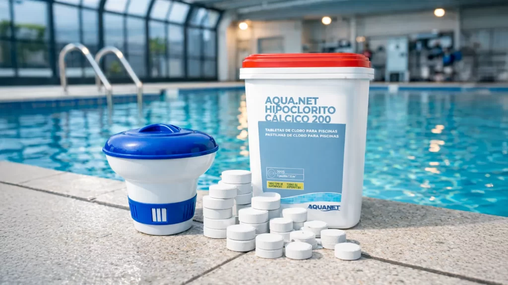Bote de cloro sin estabilizador Aquanet junto a pastillas de cloro y dosificador en el borde de una piscina cubierta con agua cristalina.