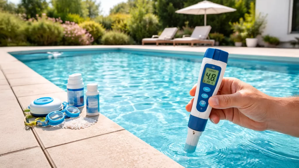 Medidor digital de salinidad comprobando el agua de una piscina salina con agua cristalina en un jardín soleado.